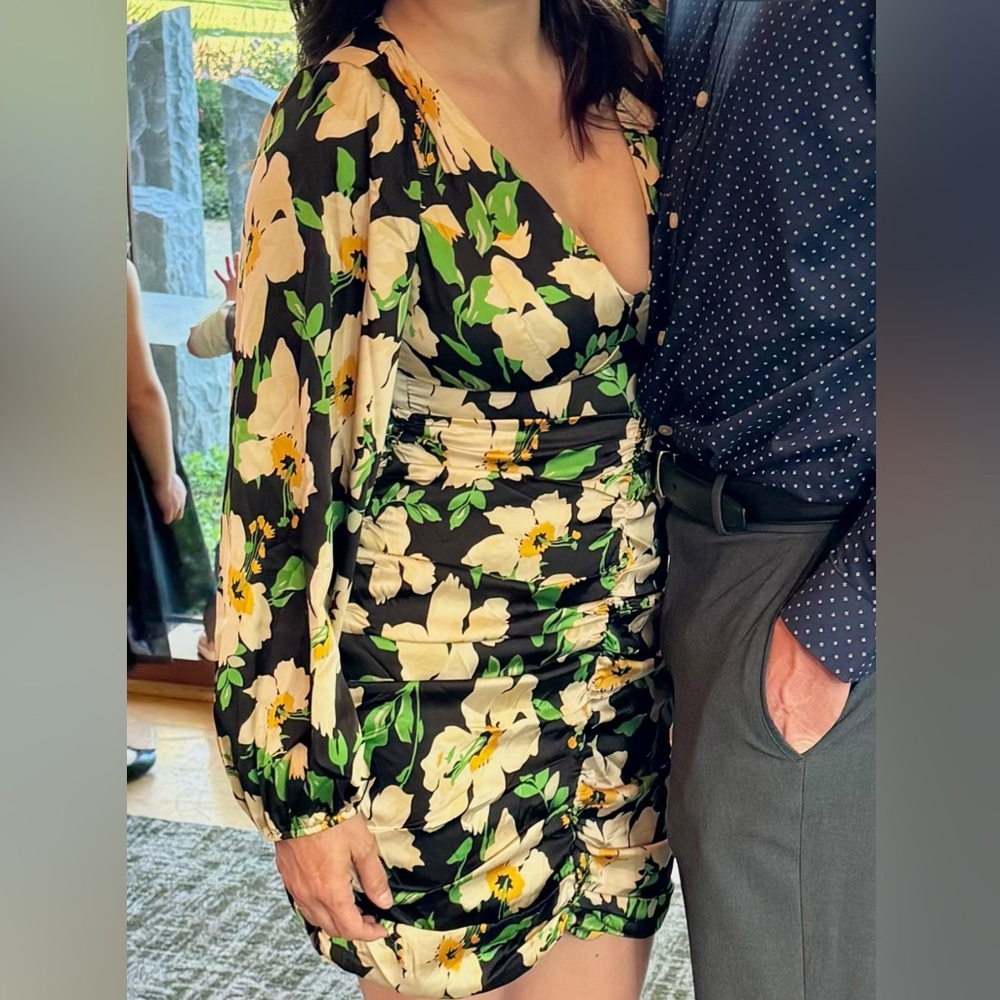 Floral Ruched Mini Dress Long Sleeves Black / Green / Yellow - Picture 4 of 5